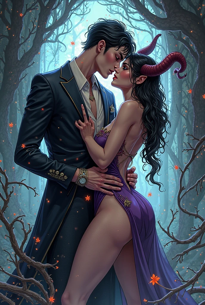A magical, romantic, imaginative place. A woman looks like the devil, beautiful and feminine. A man sits near her, drinking wine. She looks at him with admiration as he talks to her under the moonlight.Grapes and strawberries A tattoo on her back