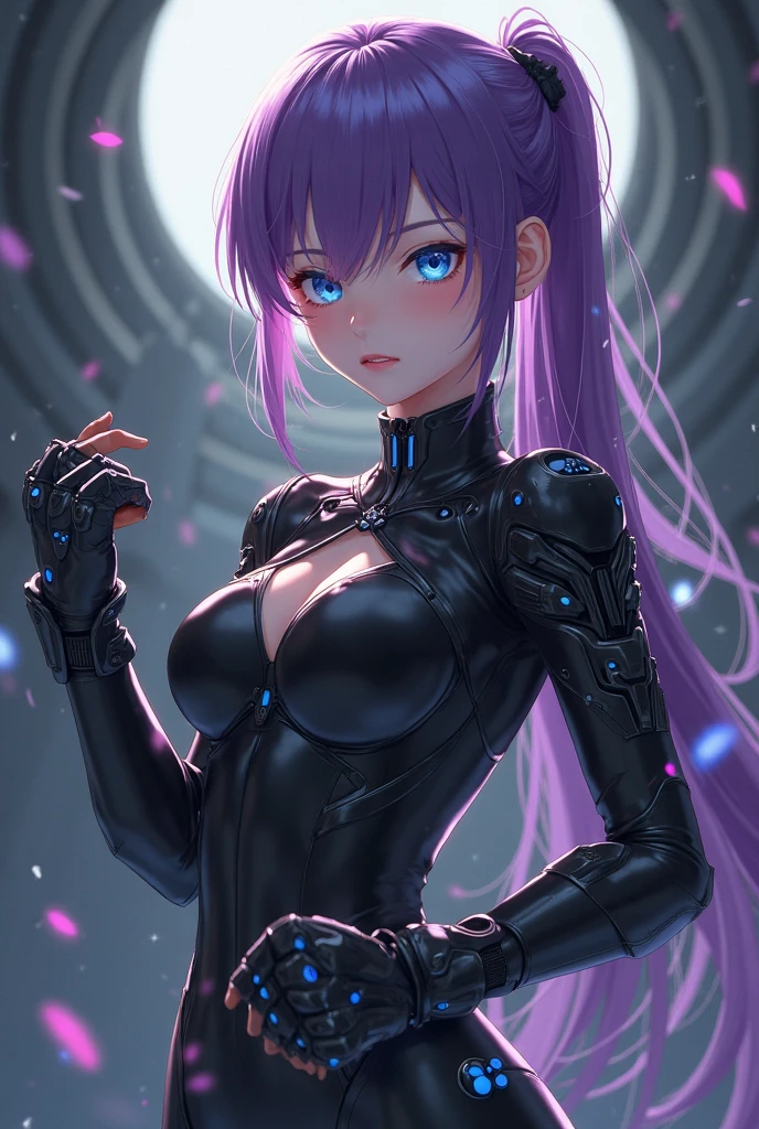 cinematic lighting、highest quality,Cyberpunk universe、An angle looking up from below at the scenery where a woman jumped from a high place(20 year old beautiful woman、Detailed beautiful facial features、medium purple hair、shoulder length hair、blue eyes)BREAK,Distorted cyber techware、android、Cyberpunk style buildings