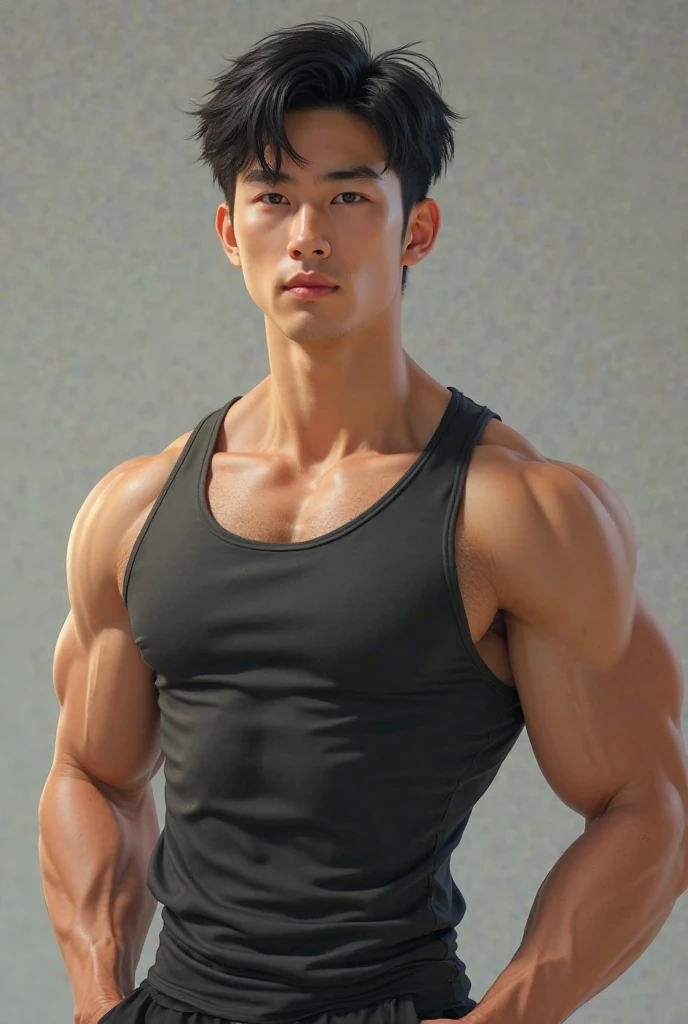 1人, Wear sweatpants,no bulge,handsome korean young man , Korean men, laughing joyfully,(high shadows detail), chest muscle, Big arm muscles, blood vessel, large muscle, broad shoulder, looking at viewert,Enjoy the sun and water on the beach by the sea