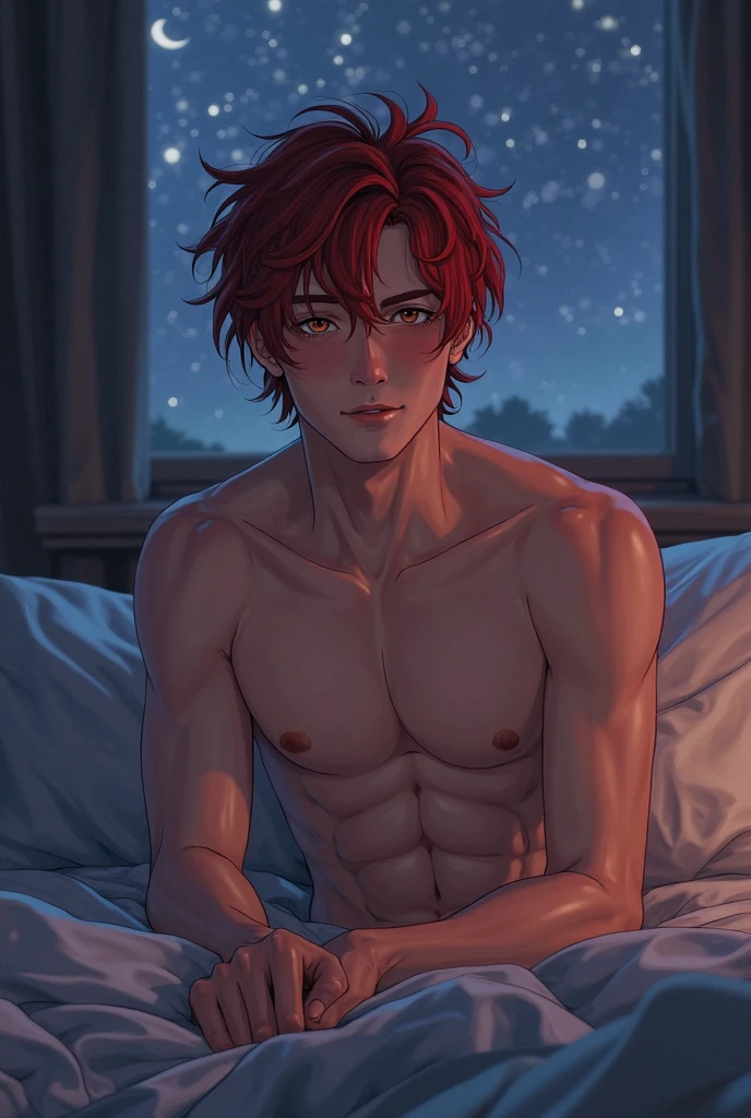 The guy is lying on the bed. Room. Warm light from the lamp. Guy with red hair. Sturdy physique. Messy Short Hair. short curly hair. Vermilion hair. Black Hooded Sweatshirts. Without a T-shirt. Young guy sleeping on the bed. lying on the bed. The guy is lying on the bed, Putting my hand under my head. higly detailed . Focus on the smallest details. hiquality. naked torso. brawn. The guy is lying on his back. white bed. warm lighting. Beautiful facial features