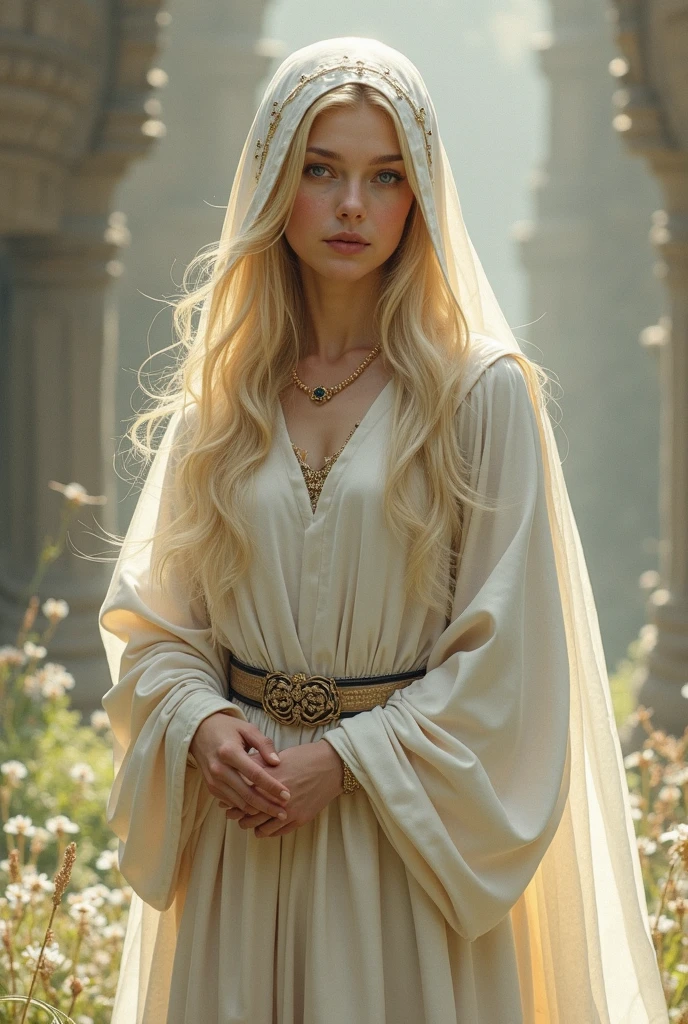 fantasy, Princess Targaryen, waist-high, in the garden, a girl with long curly white hair, a face similar to Natalie Portman, in a white Jedi robe with gold patterns, hd