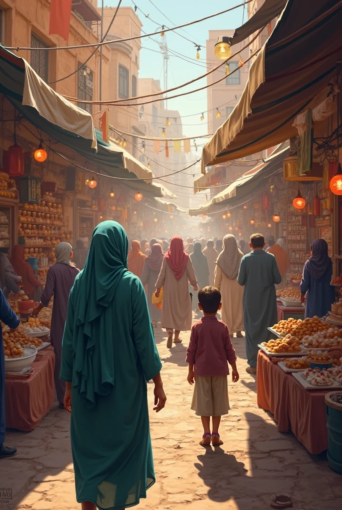 Many Muslim people are shopping in a market, it will be morning, some of them will be children, some will be young men,