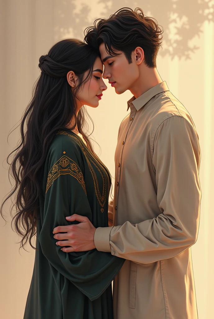 two animated characters, a man with curly black hair and a woman with long, straight brown vibrant hair, inside a golden heart frame. They appear to be in an intimate, close-up pose, looking into each other&#39;s eyes. The male character wears a white shirt, while the female character wears a red dress with short sleeves. The background is a deep shade of purple, and smaller heart and a gold ring with a precious stone around the frame. The words &#39;William & Leticia&#39; are inscribed in gold at the bottom, suggesting that they could be the names of the characters or the couple represented.,