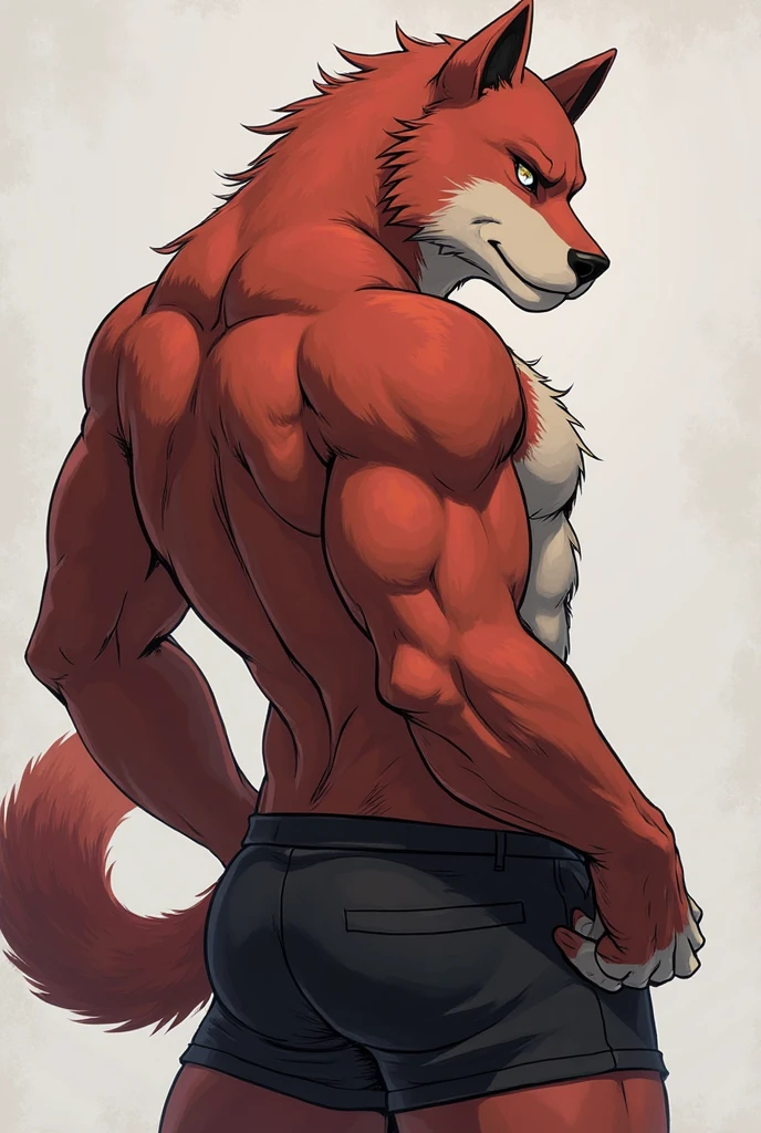 Male Foxy, der auf einem Bett liegt. He is wearing grey sweatpants. He presents his hot ass. Er w