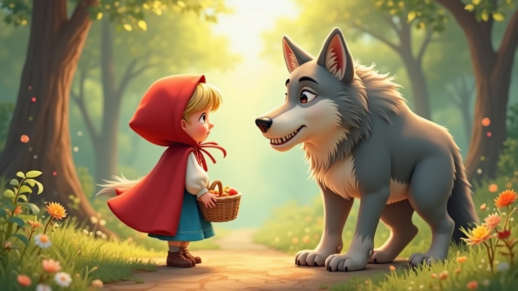 Draw me a picture-Illustration for the book Little Red Riding Hood and the Gray Wolf. In the main picture is a 10 year old girl in a red cap, in a red dress and a white apron. The girl has golden hair and green eyes., She is looking at a big grey wolf. The girl holds a wicker brown basket with pies in her hands.. The girl is wearing white socks and black shoes.. The girl looks straight at the wolf, The wolf looks cunning. There is a forest clearing around, mushrooms and different flowers grow in the clearing, There is a coniferous forest along the edge of the clearing.