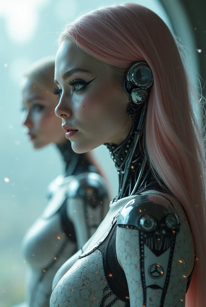 araffes in a white dress and a woman in a pink dress, movie still of a villain cyborg, gaia human and digital, ivory skin, charlize, japanese cgi, white grey blue color palette, bjork, pink lotus queen, open jacket, by james christensen, gloss --ar 16:9 --auto --s2