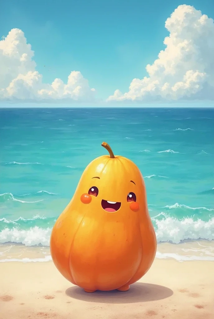Image of a happy papaya looking at the ocean with amazement 
