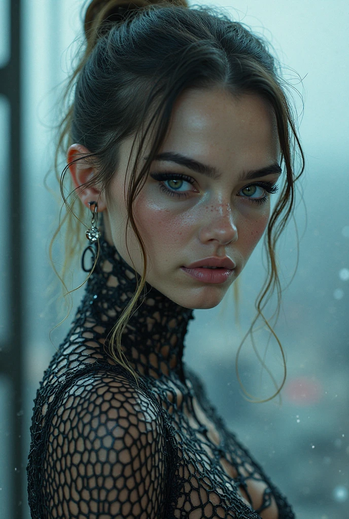 "Neon Nightscape: Young Woman on City Street" - Visualize a close-up portrait of a young woman in dark clothes on a neon-lit city street, shrouded in fog. The shot, taken from a distance, captures her (dirty body:1.6) and indifferent expression in the midst of the urban night. She wears a tank top, with body sweat and wetness hinting at the city's humid atmosphere. The photo, taken with a Canon EOS 5D Mark III, showcases her natural skin texture, including subtle freckles (0.3) and acne (0.3), in hyperrealistic detail under soft, sharp lighting. The depth of field focuses on her detailed face, against a backdrop of soothing, muted colors and high contrast, creating a dark, yet gorgeous (1.2) and immersive night scene.


