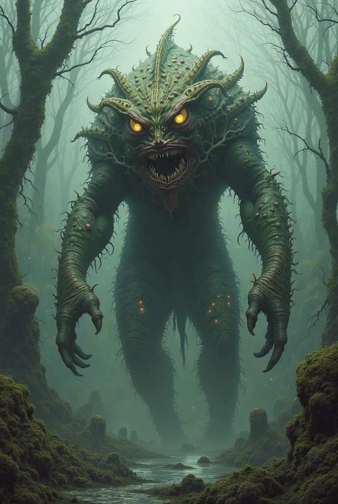 A photo of a (colossal swamp beast:1.3), towering over a (lone wanderer:1.1), vibrant green moss on scales, (glowing eyes:1.2), misty marshland, (jagged mountain backdrop:1.1), ethereal light shafts, serene water stream, (ancient trees:1.1), tranquil yet foreboding, Sony A1, 1/800s, f/5.6, ISO 320, epic scale, high dynamic range, immersive environment, RAW photography, professional grade,