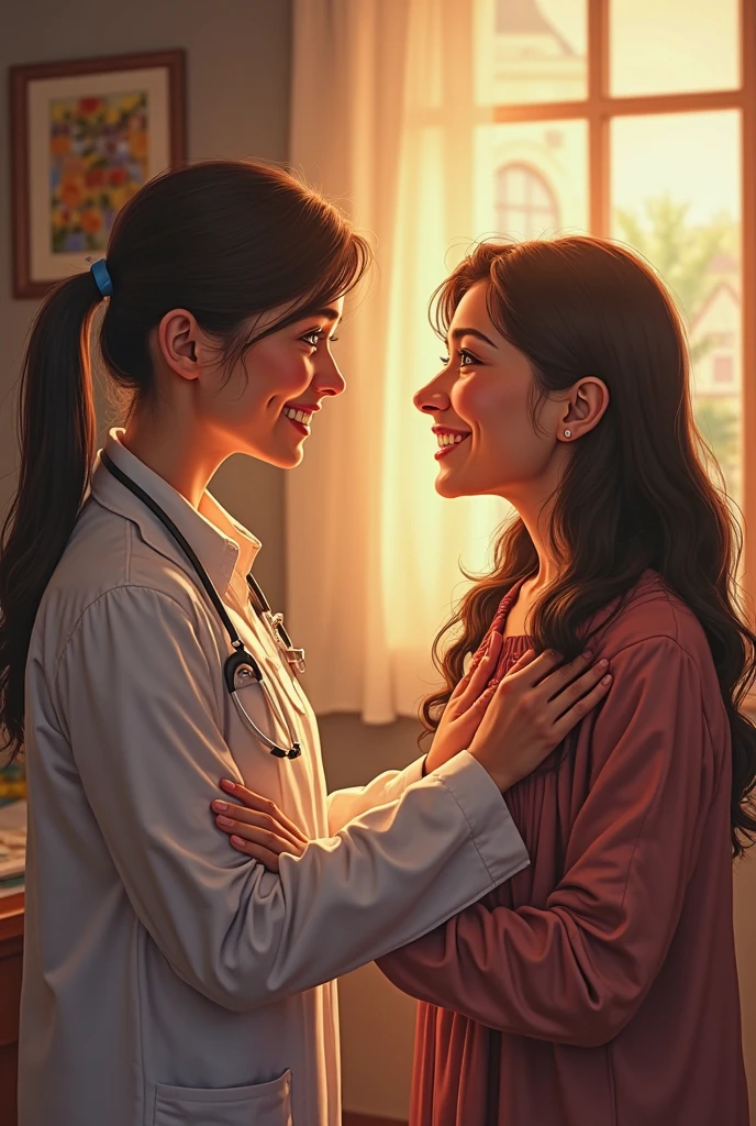A young doctor in  her doctors coat, huggin her mother (wearing head scarf) tightly and happy (her mother wearing normal clothes)