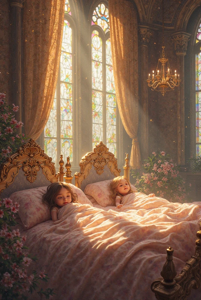((a perfect character)) ((a 9 year old girl))a 9 year old girl, blonde hair, thin face, sleeping in bed [(detailed face),(overview) ((detailed facial features)):0.4], [full body::0.4], fashion dress grand victorian, [shadow robe::0.4], bedroom, [ window::0.4], masterpiece, high quality, best quality, [exquisite pattern, intricate detail, [shiny] soft border light], detailed foliage, flowers:0.4],