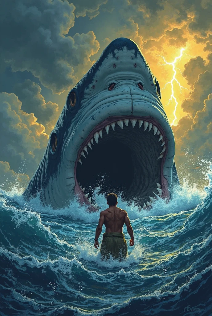 A young man in a toga with his body partially made of water, he raises a trident in front of a wave, The wave's dent has a giant shark devouring a caravel