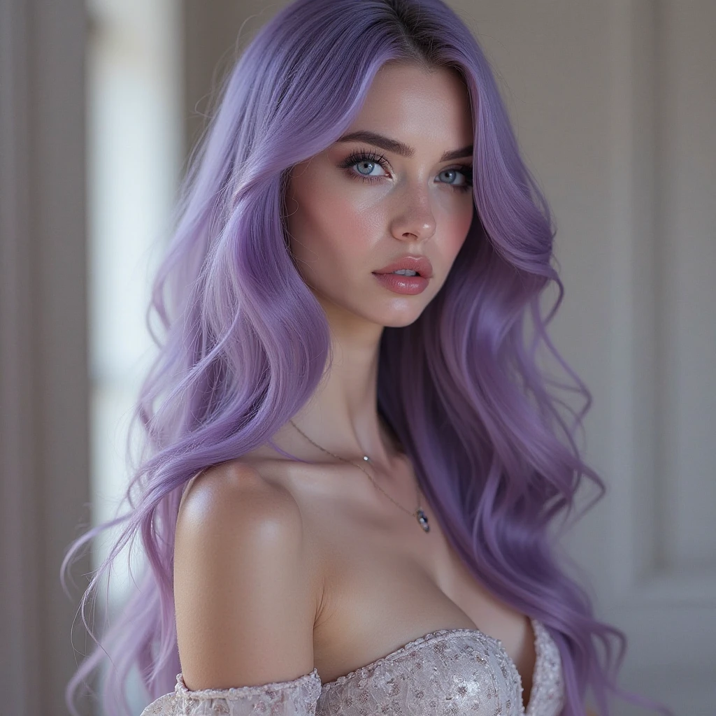 beautiful woman with long purple hair and pale skin, instagram, pinterest, tumblr, onlyfans, medium bust, bikini, yacht