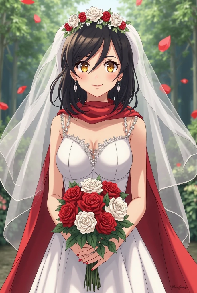 masterpiece, best quality, highres, aarurutie,1girl, standing, aaichika, tiara, bridal veil, necklace, cleavage, wedding dress, strapless dress, white dress, white gloves, elbow gloves, garden, smile,red blush, , open mouth,braid,,gloves,, best quality, masterpiece, {megumin_konosuba:1}, short_hair, brown_hair, red_eyes, black_hair,wedding dress