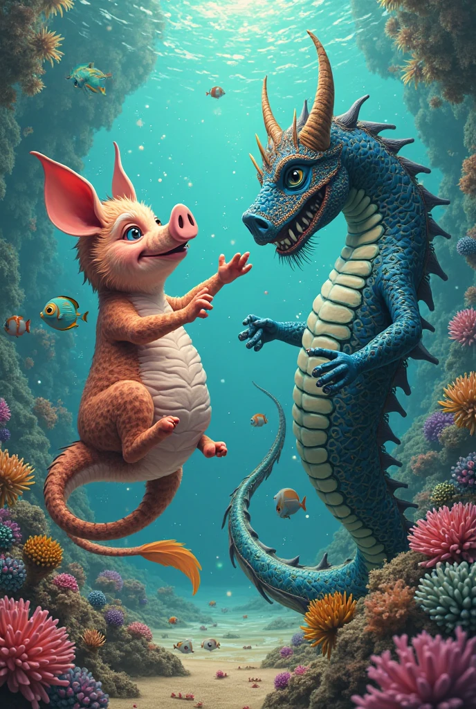 Rhinoceros crocodile hybrid fighting pink dolphin crab hybrid 