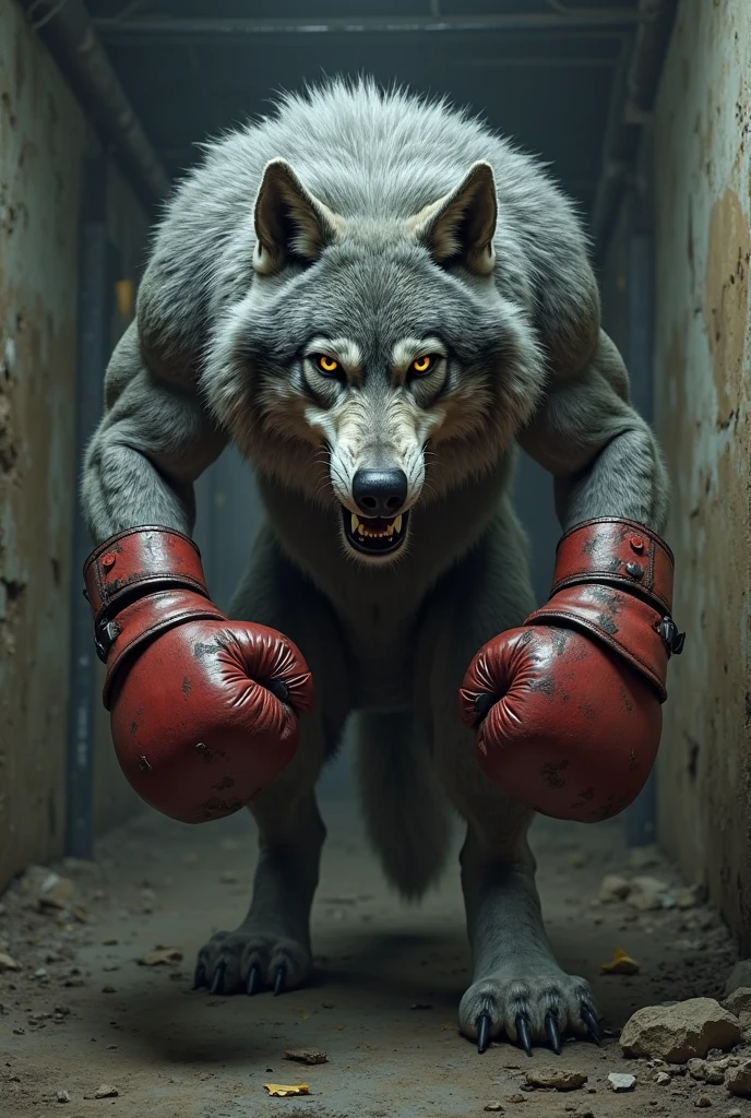 Aggressive humanoid wolf training in mma gym in shadows with gloves and brown glowing eyes with frown