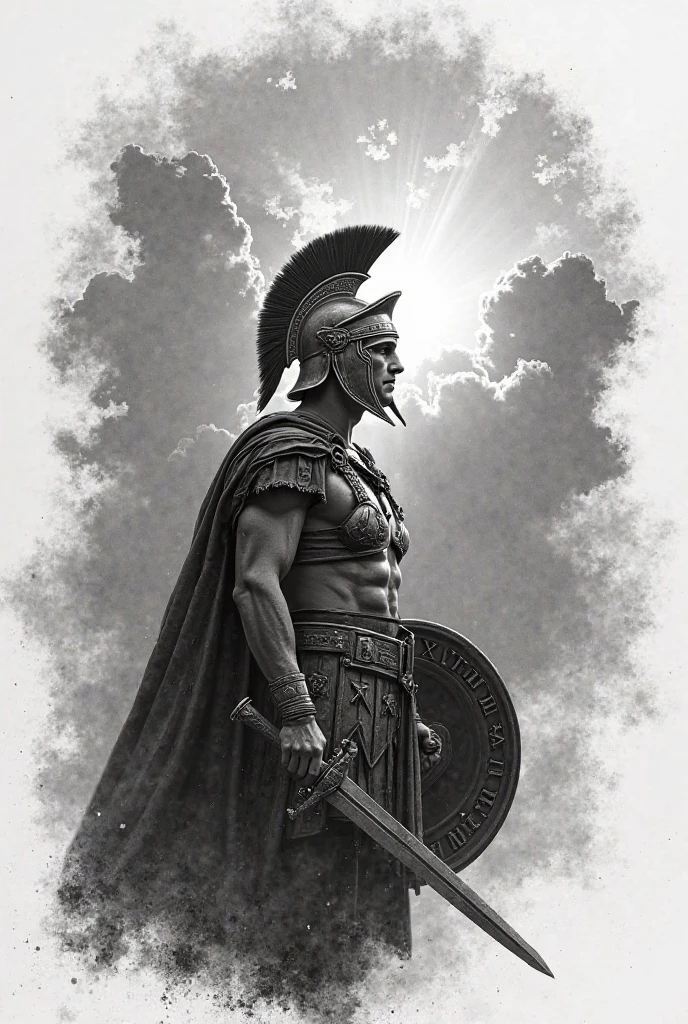 Best quality, Masterpiece, gladiator, shield, sketch, black work, side profile, muscular, epic, circle background