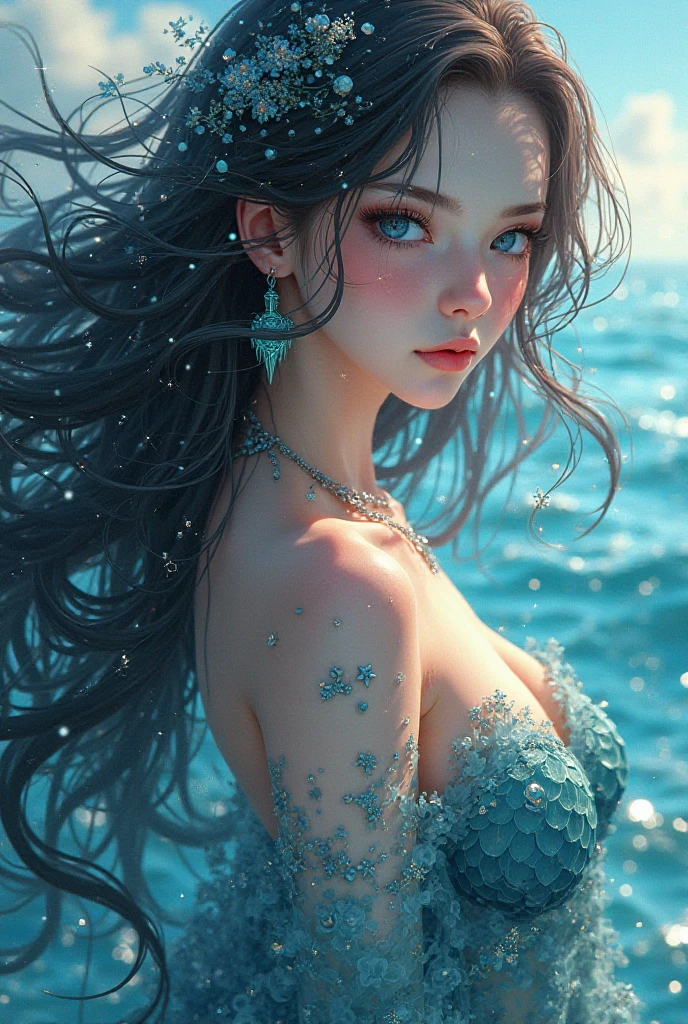 Beautiful girl with wavy long hair, Meermaid dress, Schmuck,