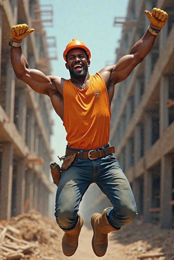 40 years old Desi mascular dark skin jaat construction man with wetty skin sweat is dripping from body huge wide muscular shoulders, wide chest, abs, masculine wide triceps, arms, biceps, big masculine legs, wide thighs, calfs, black-haired, hair falls on your face, Mesmerizing brown eyes, unbuttoned construction worker uniform, orange open tool in pocket vest with yellow gloves in hand, at construction site