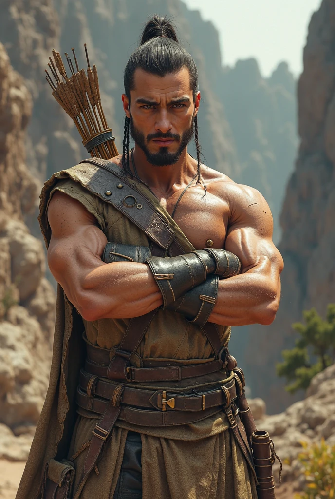 create an image of a 17 year old adventurer with a sword behind him, with a more mature face
