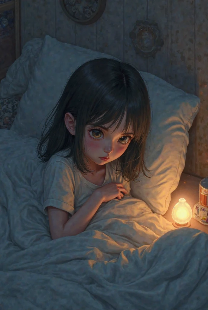 a girl in bed lying in a bed making a wish