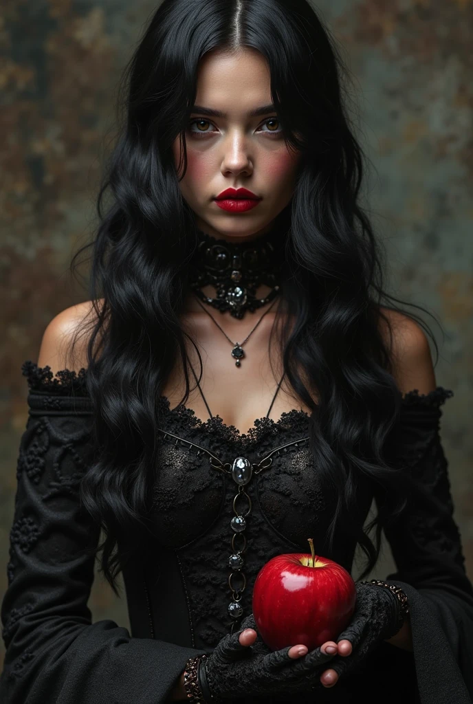 indian witch Girl,Black long hair,Black Queen,accessories,Apple in hand,Poison apples,Witch Queen,Red lipstick