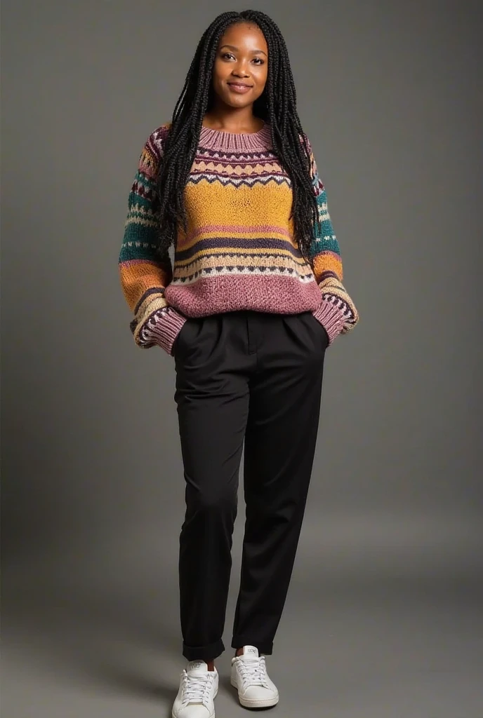 Dark skin girl with green hair, a dark green sweater, loose green pants combined with black ,black headphones and a green guitar 