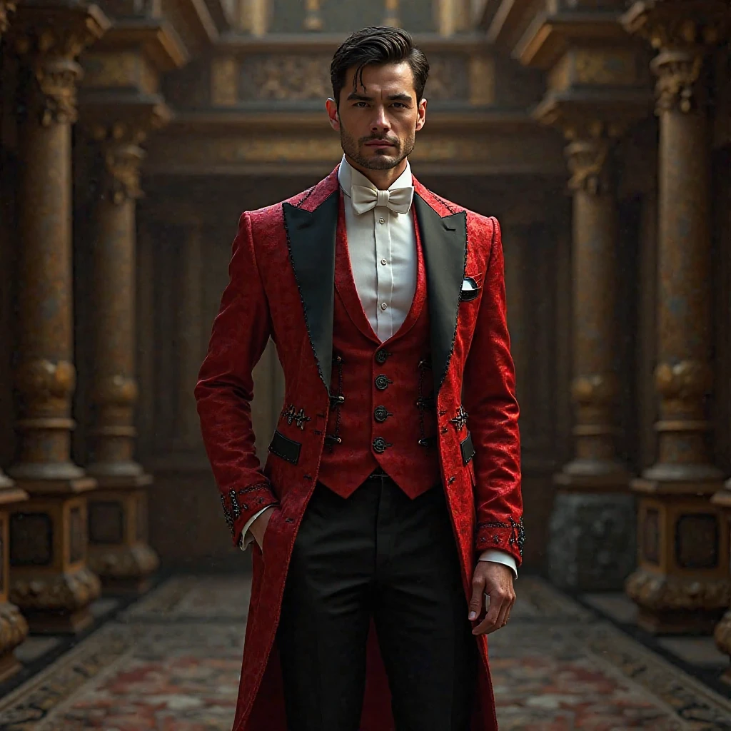 handsome, fair-skinned man with long dark brown hair. He has amber eyes, a tall and slender body with a nice build. his main outfit consists of a dark jade-green vest, a cream colored dress shirt, a long, velvety red coat with gears accessorized on it, along with white trousers and dark shoes. He also dons a black top hat with a red accent and a gold badge accessory