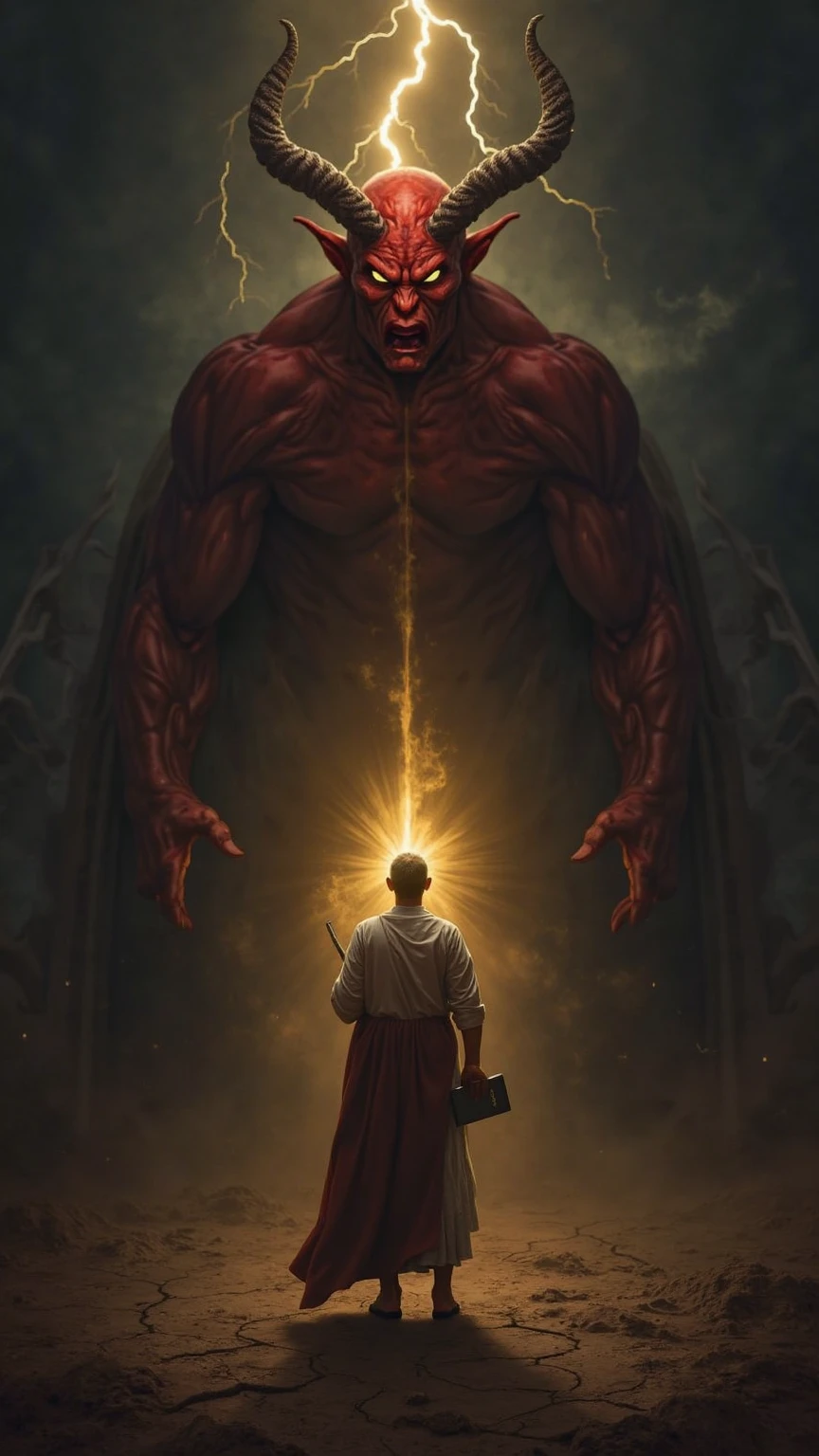 painting of the year (masterpiece) (4k) ((man facing towards the viewers with devil at his backl)) (every accusations is a confession) ((smash humans))