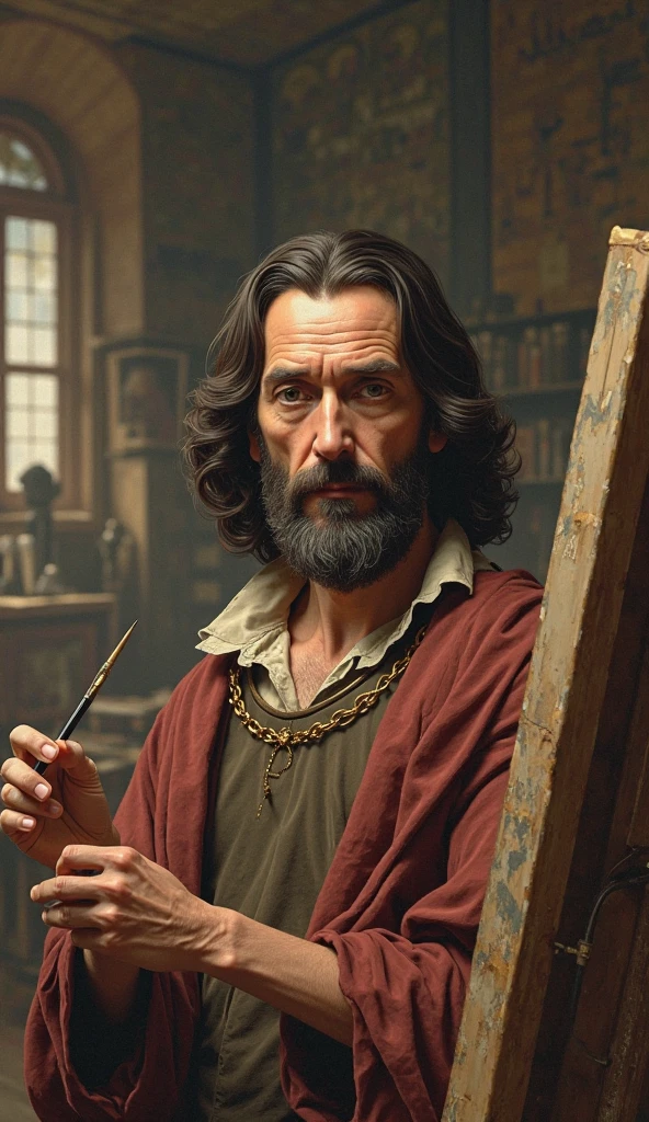 Caravaggio with brushes in his hands amidst several paintings of Renaissance art