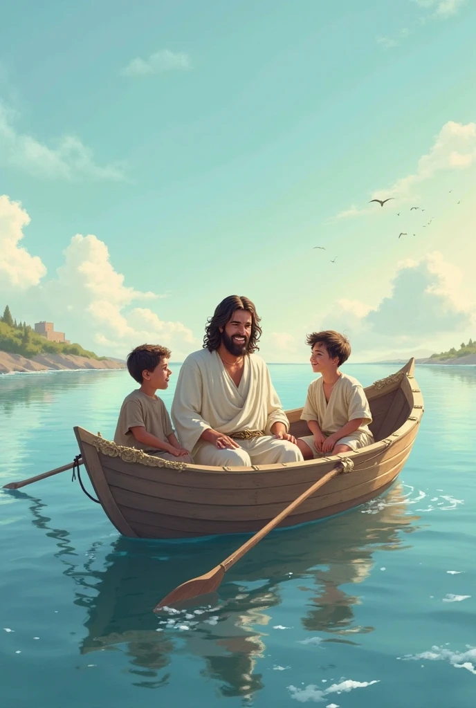 JESUS CHRIST with his back turned in a boat with two children sailing