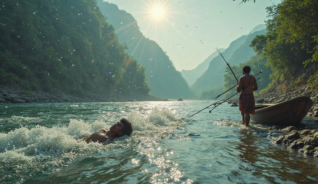 Naruto running on the water's surface at high speed, with a background of towering green mountains. Dynamic water splashes and small waves following his steps, with the afternoon sun casting shadows and warm light around Naruto."detailede face, detaed, eye, face detailed, 4k, cinematic, realistic,