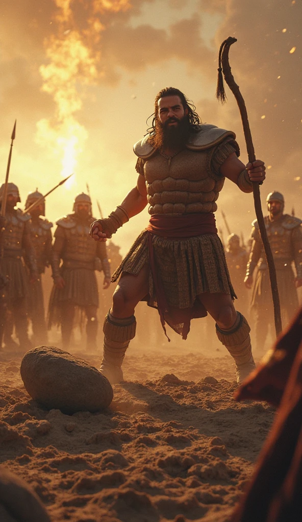 A stunning image of the giant Goliath battling David in an epic battle in the desrto with thousands of Israelites watching this battle