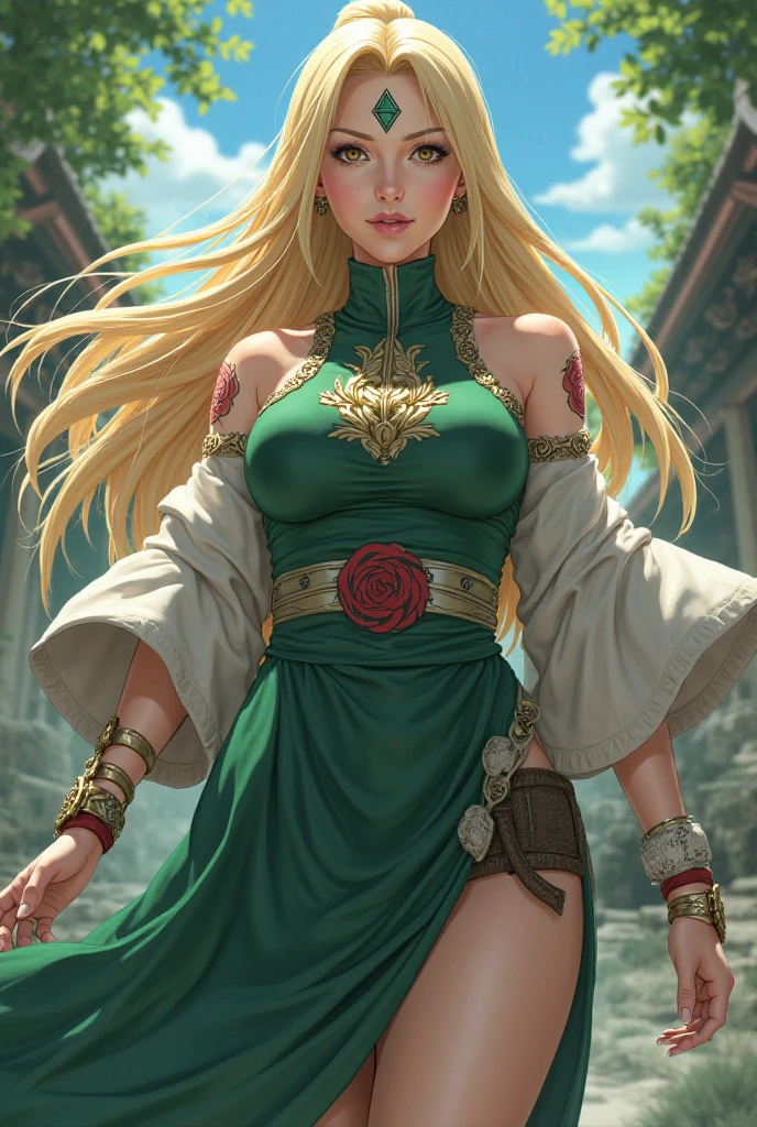 Perfect、Masterpiece、Professional illustrations、Perfect looks、Cinematic lighting、Detailed face, eyes and hair、Beauty、Alone、female、sauce_game、Bianca in Dragon Quest 5、Big Breasts、Large Breasts、Blonde、Long Hair、Braid、Emerald green dress、Orange Cape、boots、Silver necklace、Serious expression、Expressionless、battle、Fire magic with both hands、Best Angle、Best Shot