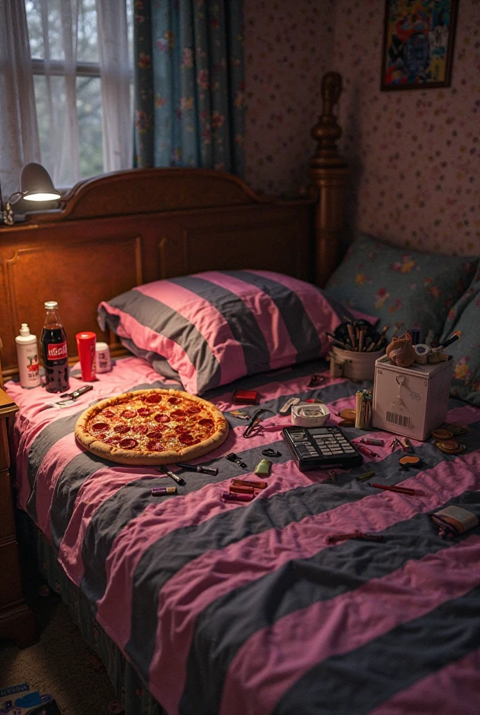 Lots of pizza in bed、(Pizza splattered with colorful paint)、Pizza is stained with paint,a bucket with a lot of paint,,,,、Pizza in a bucket、A lot of cookies on the bed、(Sneakers stained with paint on the bed)