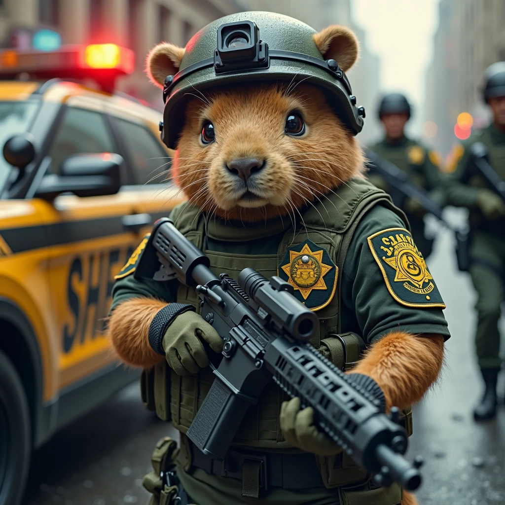 A realistic anthropomorphic capybara dressed as a SWAT officer, wearing full tactical gear including a green bulletproof vest, sheriff patches, a helmet with a mounted camera, and black gloves. The capybara is holding a modern assault rifle in a professional stance. The background features a black and yellow sheriff’s car with flashing lights, along with human officers in tactical gear, slightly blurred. The overall scene has a cinematic and detailed look, with a mix of realism and fantasy.