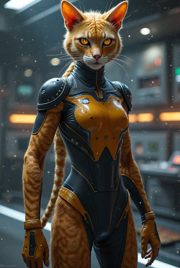 Skinny yellow cat in the style of guardians of the galaxy