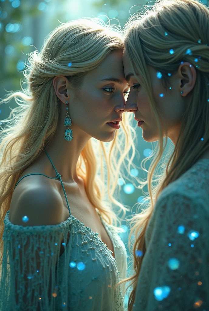masterpiece, max quality, ultra-detailed, starry sky, cloud, cinematic light and shadow effects, vibrant colors, passionate kiss, full moon night, blue t-shirt, blue eyes, blonde hair.