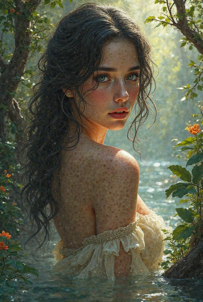 Gorgeous freckly sundamged homeless lady, bare, exposed, boxershorts, detailed face, foggy, sweaty, godrays, haze, atmospheric, 35mm, F/2.8, 4k, photojournalism, busy background, volumetric lighting, neo-expressionism, art photography, gorgeous mood, hazy morning, surrounded by flowers and petals, sunrays on skin, sweaty, long hair, ultrarealistic, style of steve hanks