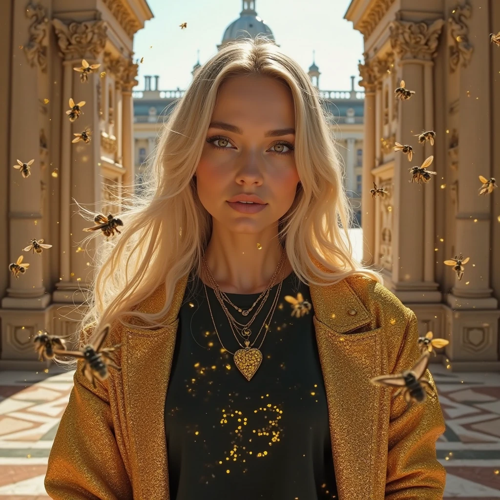 Woman, americana, age 25, pale skin and freckles, grey-eyed, delicate nose, soft and delicate lips, distant, cabelo blondie distant e ondulado na altura da cintura, Sweet smile, face with delicate feminine facial features, highly rendered, black leather pants