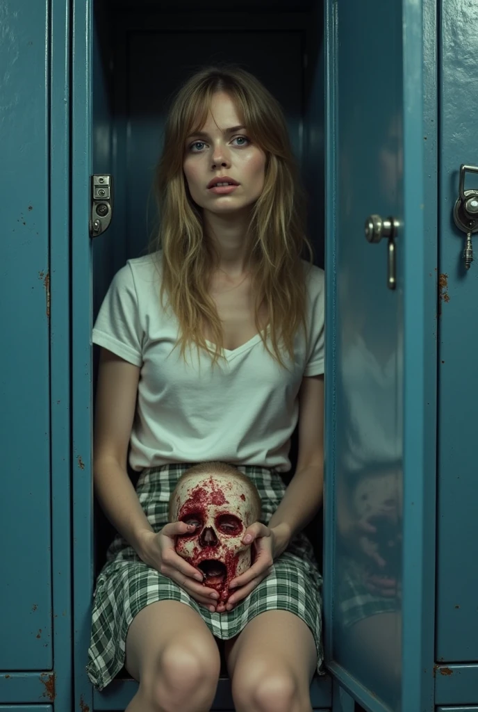 In a close-up of the blonde girl with bangs, covered in blood and guts, She is standing in front of a tray full of bloody surgical tools.. With an expression of sadistic satisfaction, Look carefully at each tool. The camera captures the scene in detail, showing the variety of instruments, each one stained with blood and organic remains. The atmosphere remains oppressive and disturbing., reflecting the brutality of the work done. Blood and guts splatter the surroundings, accentuating the chaos and macabre celebration of their torture.
