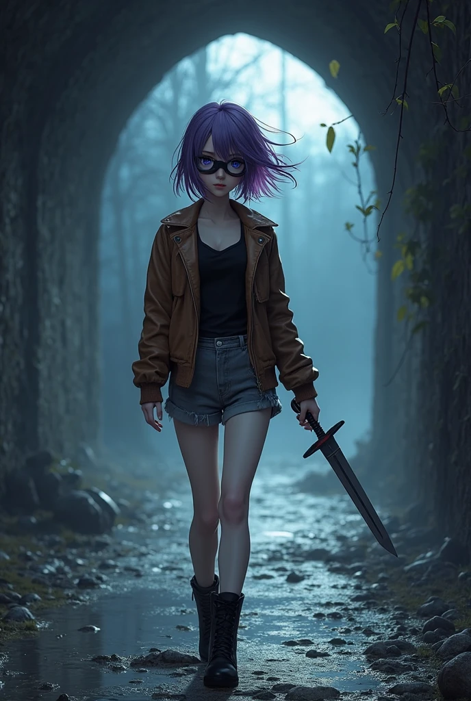 High quality realistic style, full body, single little goblin girl, green skin colored, purple hair and yellow eyes, using shredded clothes, bare skin, bare foot,, scouting the surroundings, curious expression, in a Forrest with fireflies and mystical lights.