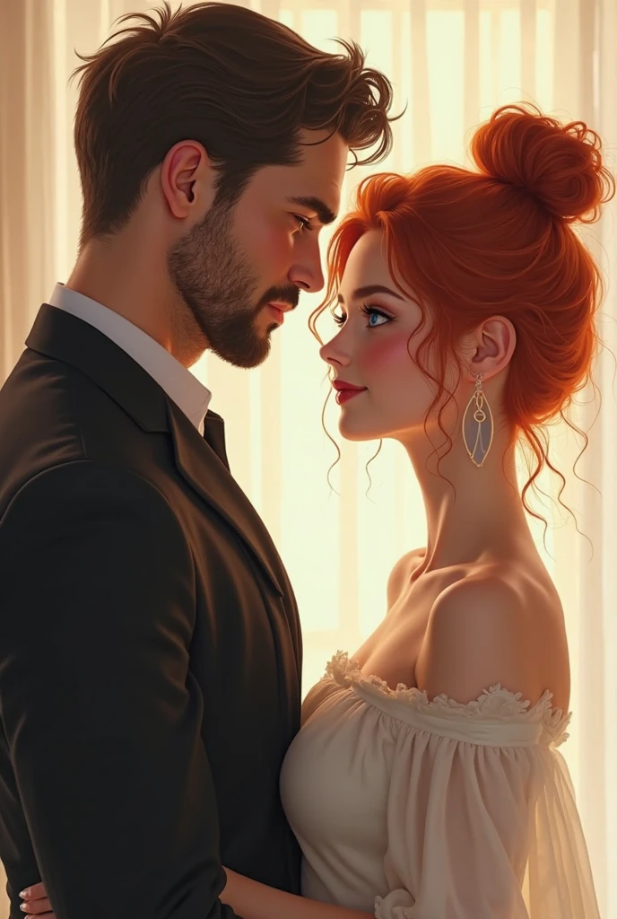 Best image quality, masterpiece level, ultra-high resolution. illustration Art, water color, fantasy theme, facial details, a eastern european couples in 20's, a man and a woman, hair bun, playing and kissing. fairy tale theme, upper body, get detailed outdoor lighting and movie lighting, increase detailed overall ambient light, face and eye details, improve the realism of body details, clearly express sharp focus, expressionless, white clothes, burgundy hair, bright eyes, simple background.