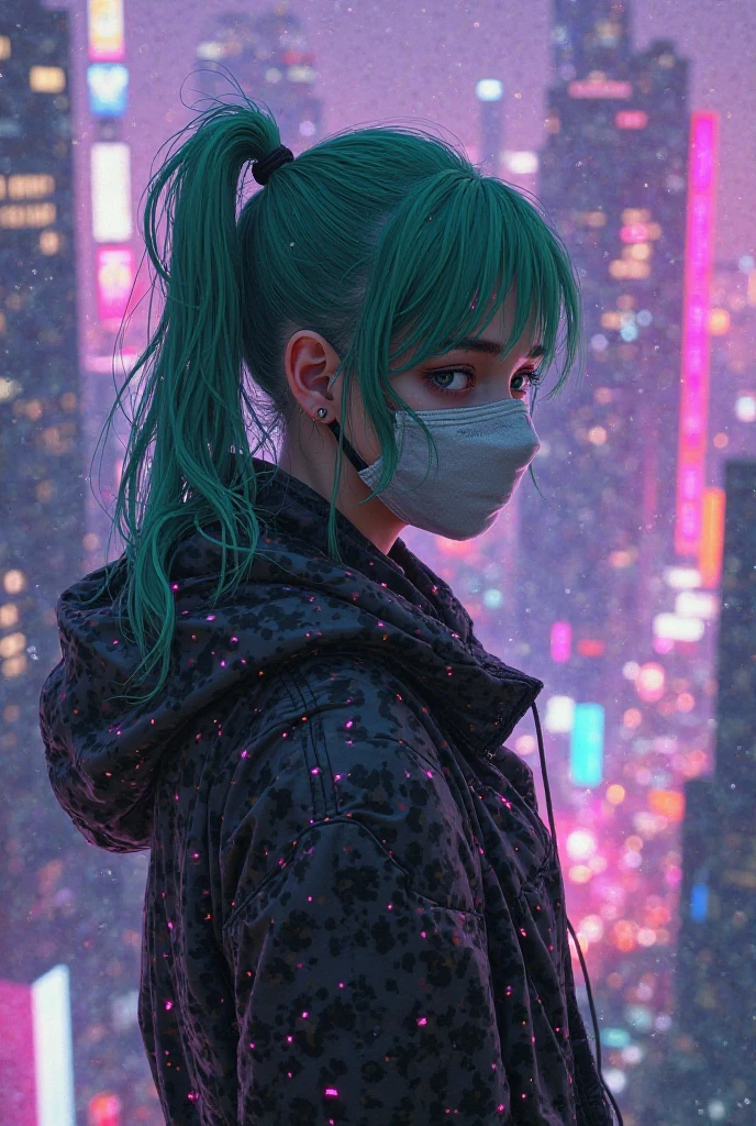 (masterpiece, Highest quality), Futuristic, Steel punk, Pastel Goth, Pastel colored gas masks, Sophisticated tactical and technical wear, neon accents, Fashionable, stylish, Perfect slim fit body, Big Breasts, Asymmetrical bangs, Wavy Hair, hair band, choker, bracelet, street, Standing pose, Contrasting, Dynamic Lighting