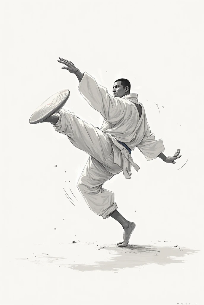 Capoeirsta performing a compass half moon drawn in pencil with fire-colored reflections