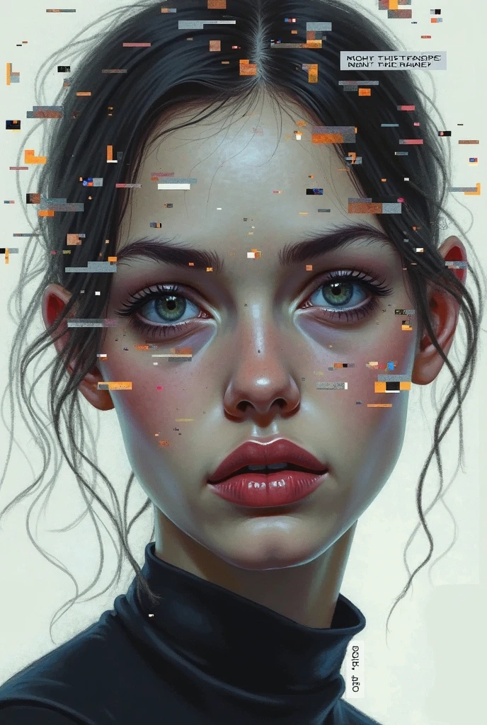 An abstract depiction of a woman's face, expertly blending black and white sketches with vibrant splashes of color. Her eyes exude a mesmerizing, mysterious allure, while layered textures and subtle distortions add depth and allure. The composition combines a variety of artistic influences, resulting in a unique piece. HD quality, layered style.