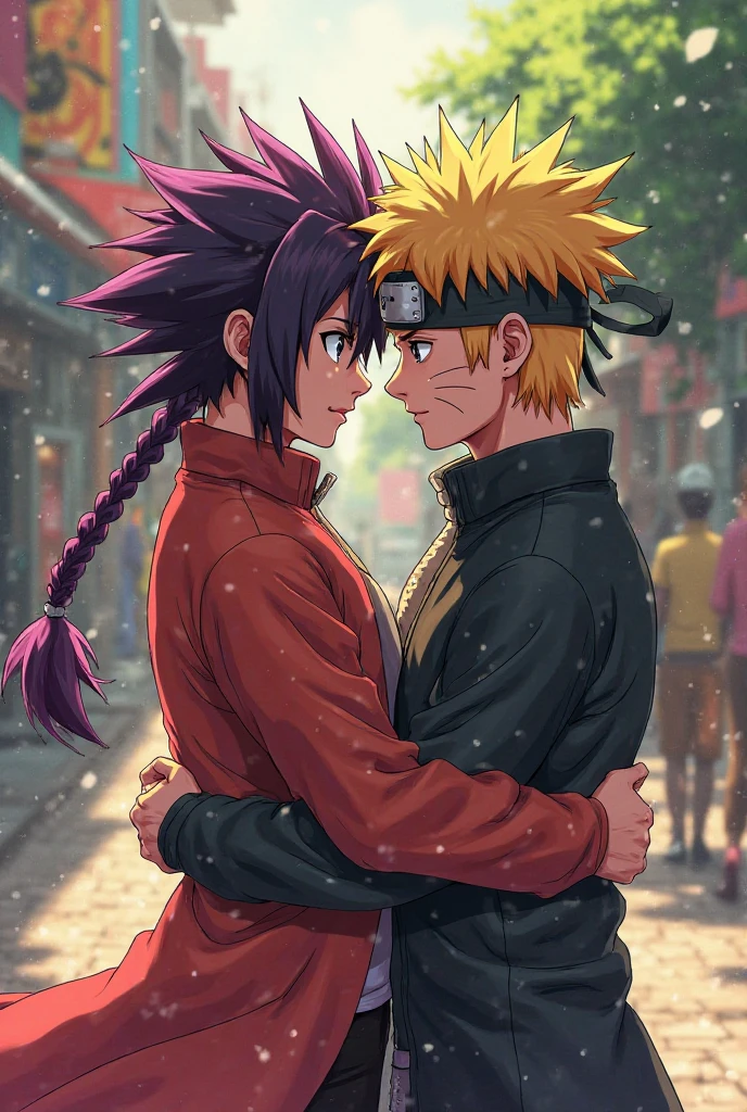 naruto shippuden sasuke and sakura, kissing, super strong, muscular, background Konohagakure (Hidden Leaf Village), raining, 35mm lens, photography, ultra details, precise texture details HDR, UHD,64K,