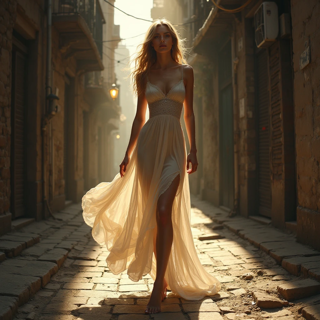 Character Dove from The Tenement, Comics version, pombinha is a white woman with blonde hair tied in a bun, wearing a long white dress with sleeves. Make her walk through the streets of the slum.