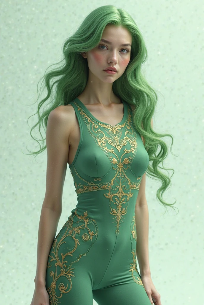Draw a girl, with big green eyes and porcelain skin so clear it was almost translucent, silver hair and a 1500 green dress