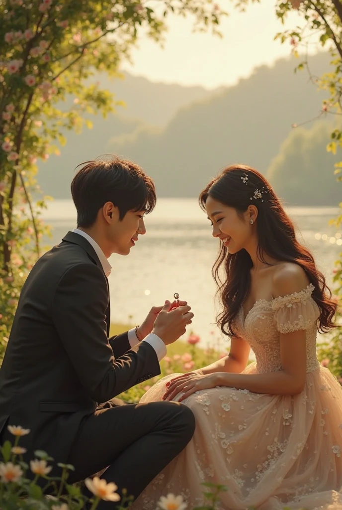 A couple walking hand in hand through a beautiful garden filled with colorful flowers and lush greenery, their eyes filled with love and happiness. They are both dressed in stylish and trendy outfits, perfectly matching the romantic atmosphere. Jungkook and Yeji share a tender moment, their lips gently pressed together in a sweet kiss. The sunlight filters through the leaves, casting a warm and soft glow on their faces, enhancing their radiant smiles. The painting is a masterpiece, created with exquisite attention to detail and a realistic style. The medium used is oil painting, adding depth and richness to the colors. The image quality is of the highest standard, with a resolution of 4k, capturing every intricate detail with precision. The lighting is carefully designed to highlight the couple's features, creating a captivating play of light and shadow. The overall color palette is vibrant and lively, with a mix of vibrant tones and soft pastels, complementing the joyful atmosphere. The artwork is a true celebration of love, beautifully capturing the essence of a romantic moment between Jungkook and Yeji.